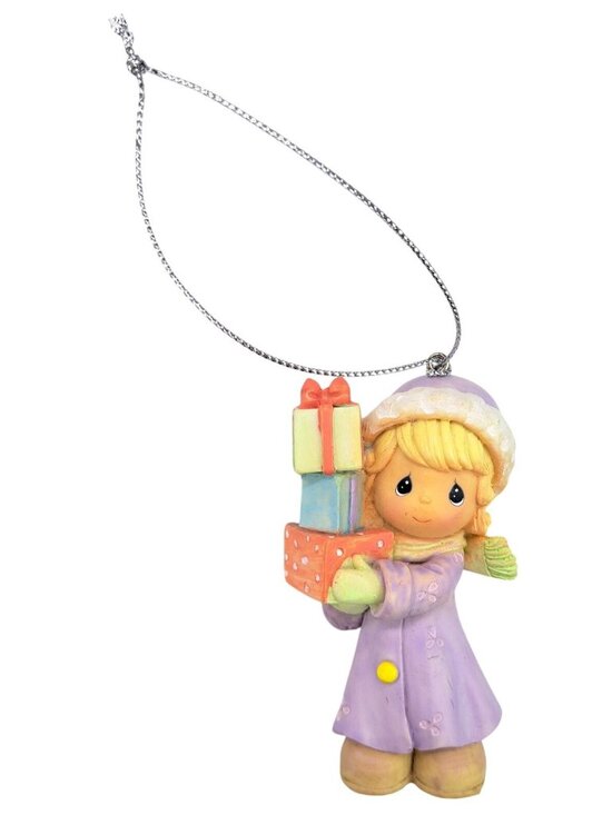 Precious Moments Other - Vintage Precious Moments Christmas Ornament Girl Holding Gift Purple Coat Blonde